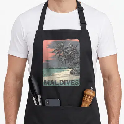 Tablier de cuisine noir avec illustration vintage Maldives Beach palmiers et plage tropicale