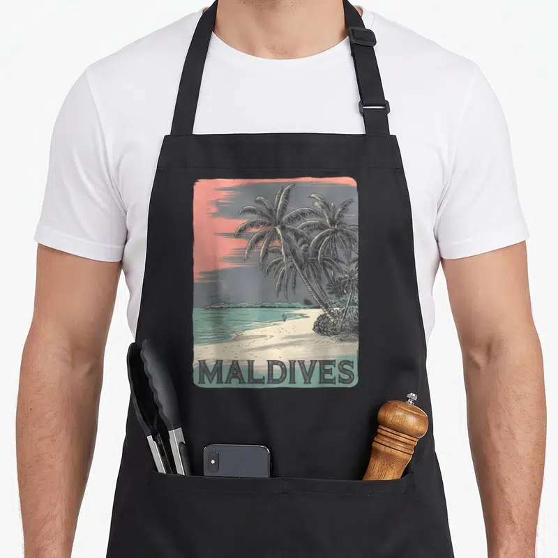 Tablier de cuisine noir avec illustration vintage Maldives Beach palmiers et plage tropicale
