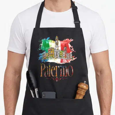Tablier de cuisine noir avec illustration aquarelle Palerme Italie drapeau et texte coloré.