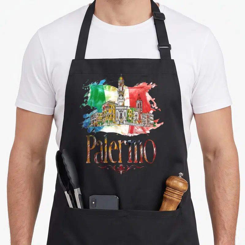 Tablier de cuisine noir avec illustration aquarelle Palerme Italie drapeau et texte coloré.