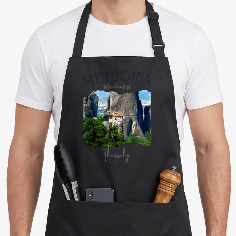 Tablier de cuisine noir avec illustration des Météores en Grèce et texte METEORA GREECE Thessaly