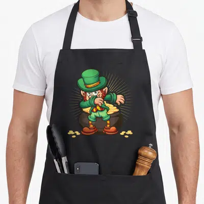 Tablier de cuisine noir avec un leprechaun vert en train de faire le dab au-dessus d'un pot de pièces d'or dorées.