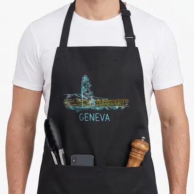 Tablier de cuisine noir avec illustration colorée de la fontaine d'Or et du nom Geneva en bleu clair.
