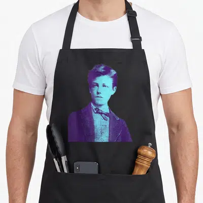 Tablier de cuisine noir avec portrait d'Arthur Rimbaud en halftone bleu et violet.