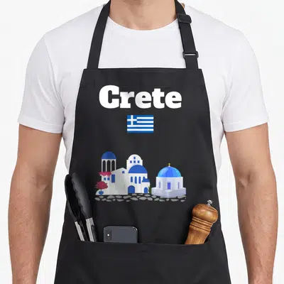 Tablier de cuisine noir avec inscription Crete, drapeau grec et illustration de domes bleus blancs sur fond gris uni.