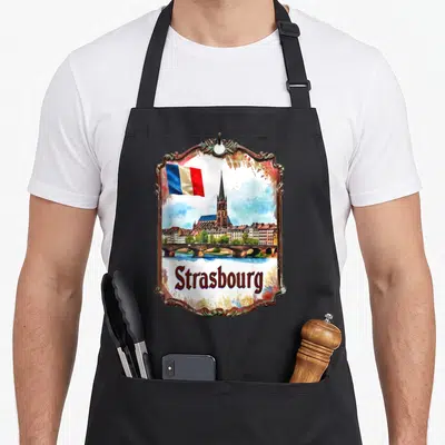 Tablier de cuisine noir avec une enseigne vintage illustrant Strasbourg, la cathédrale et le drapeau français.