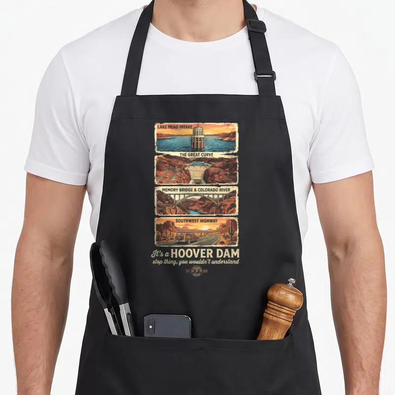 Tablier de cuisine noir avec illustration vintage Hoover Dam Lake Mead Intake et Southwest Highway en tons ocres et bleus.