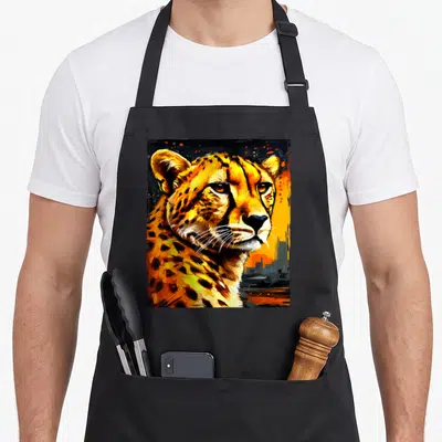 Tablier de cuisine noir avec une œuvre d'art colorée illustrant la tête d'un guépard aux tons orangés et noirs.