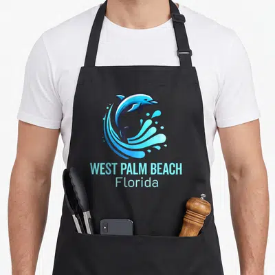 Tablier de cuisine noir avec un dauphin bleu sautant au-dessus de l'inscription WEST PALM BEACH Florida