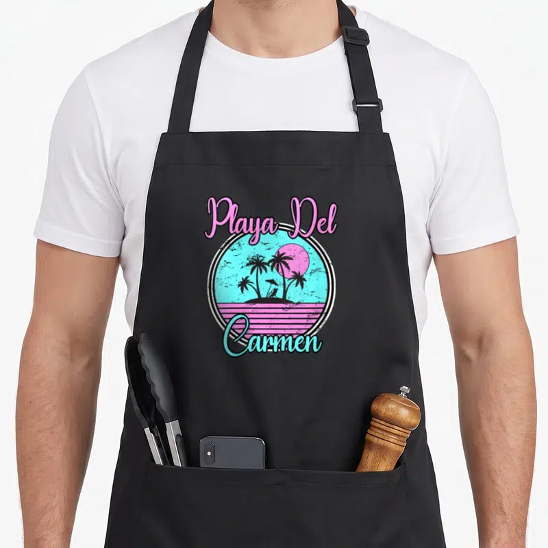 Tablier de cuisine noir avec motif circulaire Playa Del Carmen palmiers et soleil rose style vintage