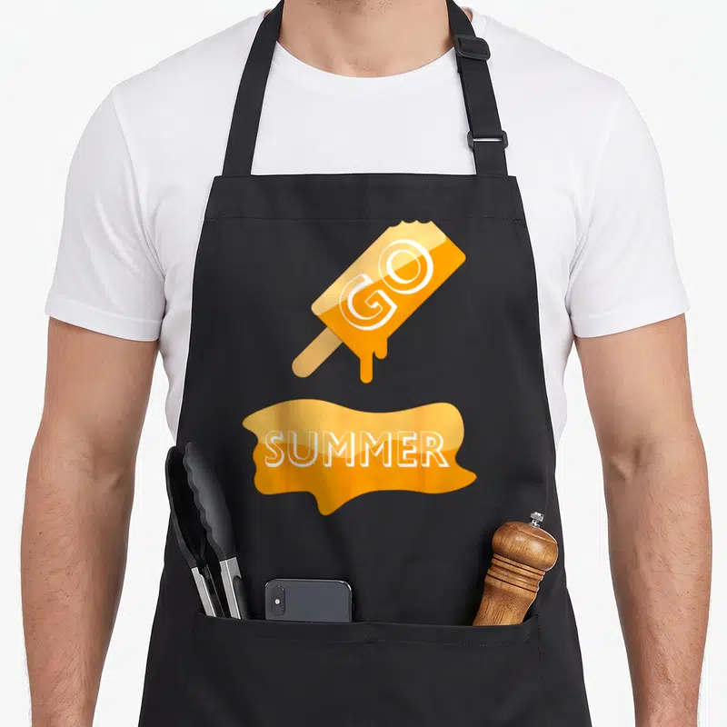 Tablier de cuisine noir avec illustration de sorbet orange portant les mots GO et SUMMER en blanc.