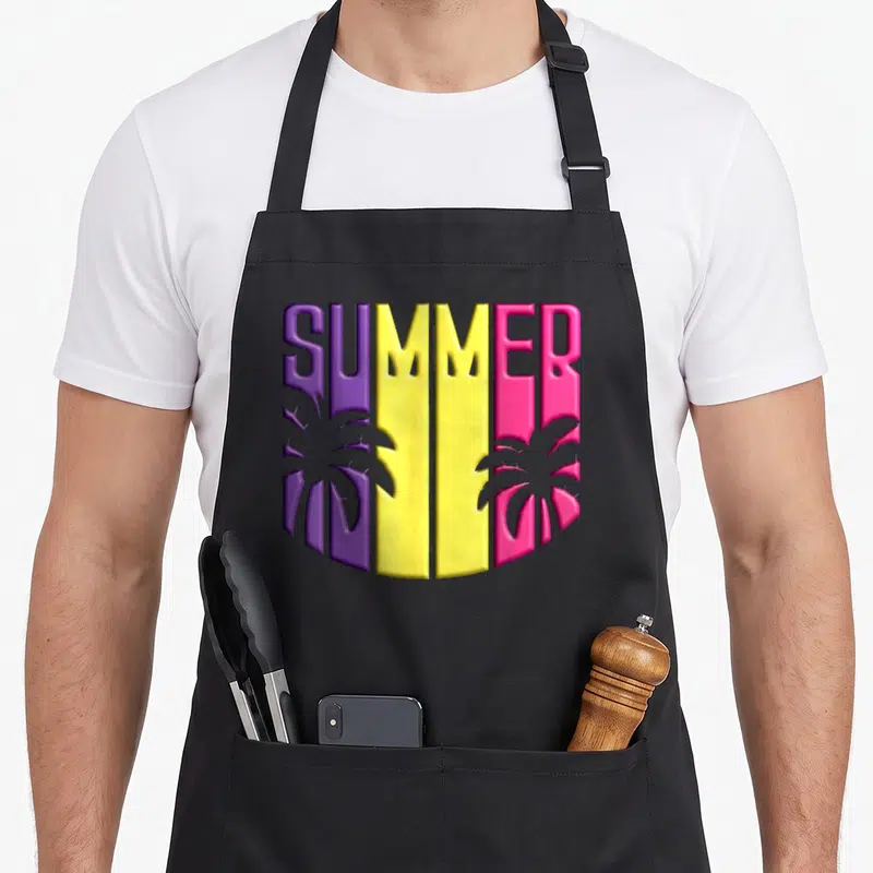 Tablier de cuisine noir avec inscription Summer en violet jaune rose et silhouettes de palmiers stylisées.