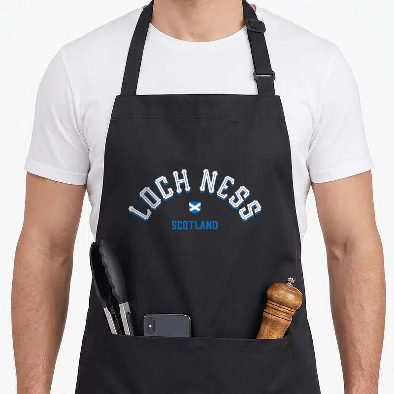 Tablier de cuisine noir avec inscription Loch Ness Scotland et petit drapeau écossais bleu et blanc au centre.
