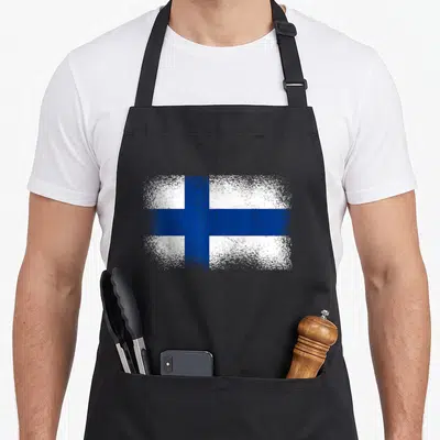 Tablier de cuisine noir avec le drapeau Finlande blanc et bleu à l'aspect ondulé.