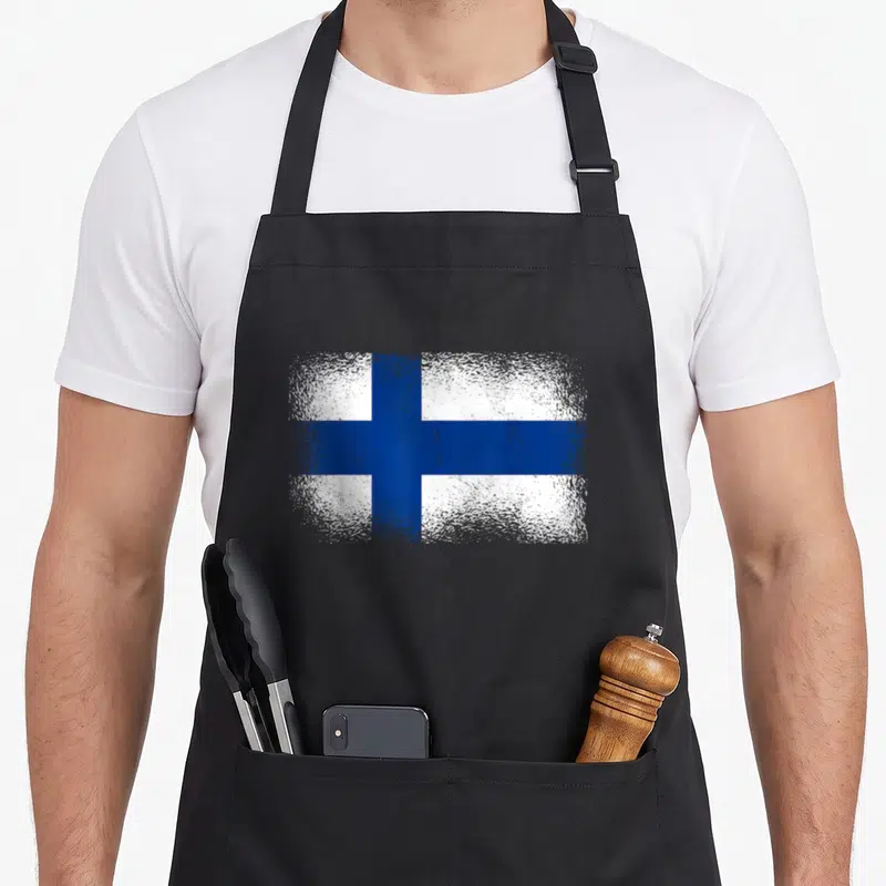 Tablier de cuisine noir avec le drapeau Finlande blanc et bleu à l'aspect ondulé.