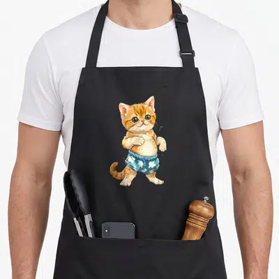 Tablier de cuisine noir avec un chaton tigré portant un short bleu à motifs floraux blancs.