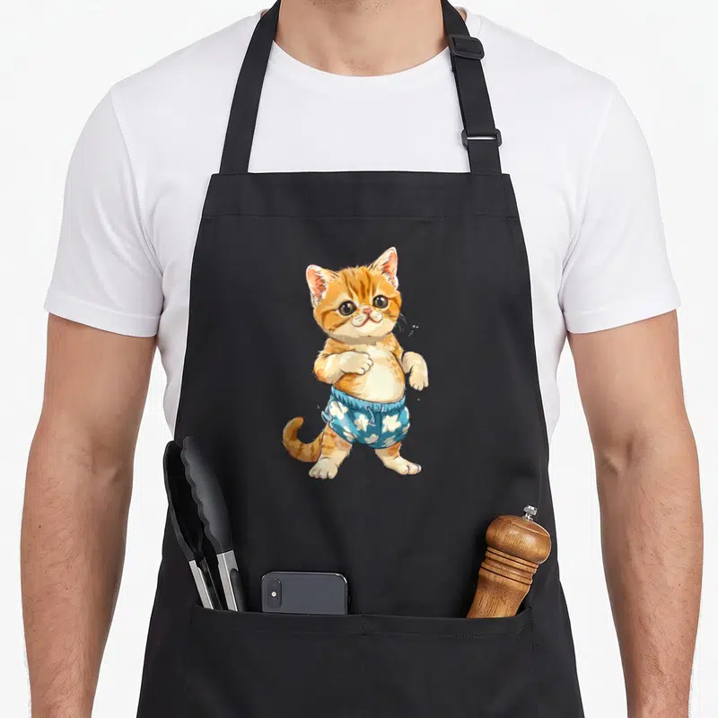 Tablier de cuisine noir avec un chaton tigré portant un short bleu à motifs floraux blancs.