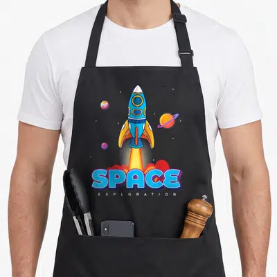 Tablier de cuisine noir avec illustration de fusée spatiale et texte SPACE EXPLORATION en lettres capitales colorées.