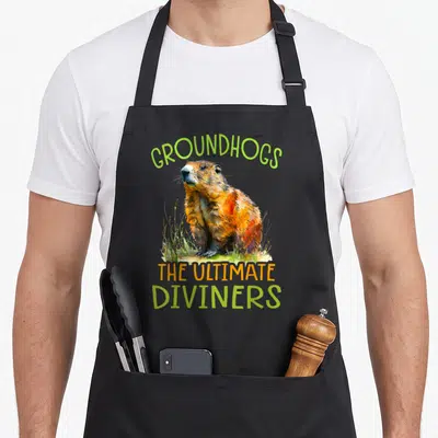 Tablier de cuisine noir avec une marmote aquarellée et le texte Groundhogs The Ultimate Diviners en vert et orange.