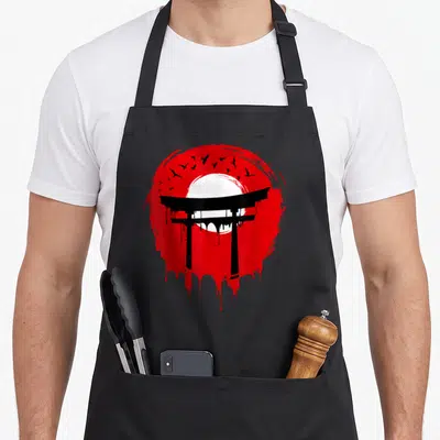 Tablier de cuisine noir avec un motif de porte torii noire sur fond de cercle rouge et d'oiseaux en silhouette.