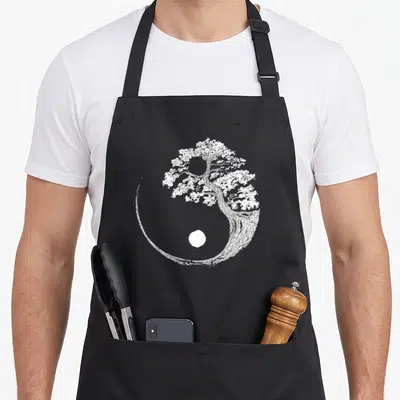 Tablier de cuisine noir avec un dessin blanc représentant un arbre bonsaï formant un cercle Yin Yang.