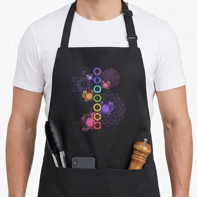 Tablier de cuisine noir avec sept chakras colorés alignés verticalement entourés de fleurs de lotus et de motifs géométriques.