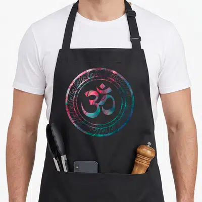 Tablier de cuisine noir avec un grand motif circulaire coloré représentant le symbole Om et des volutes décoratives.