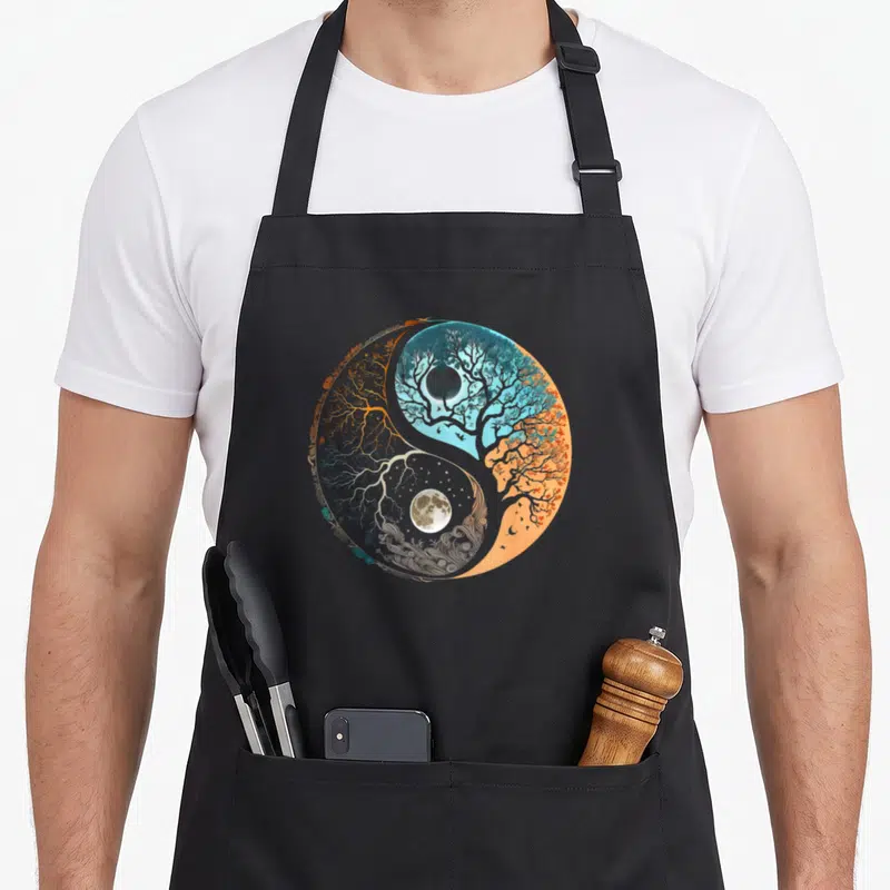 Tablier de cuisine noir avec un motif circulaire représentant un arbre de vie et un symbole Yin Yang aux couleurs douces.