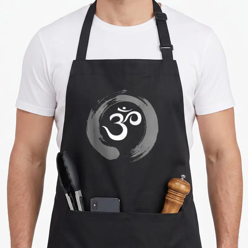 Tablier de cuisine noir avec le symbole Om blanc entouré d'un cercle stylisé évoquant la sérénité.