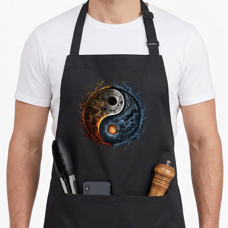 Tablier de cuisine noir avec un grand Yin Yang fusionnant feu orange et eau bleue nuageuse.