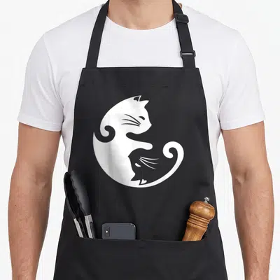 Tablier de cuisine noir avec motif blanc Ying Yang formé par deux chats stylisés en silhouette.