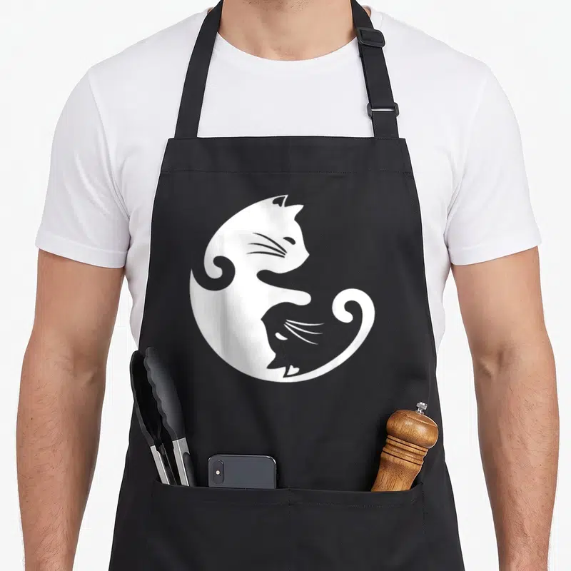 Tablier de cuisine noir avec motif blanc Ying Yang formé par deux chats stylisés en silhouette.