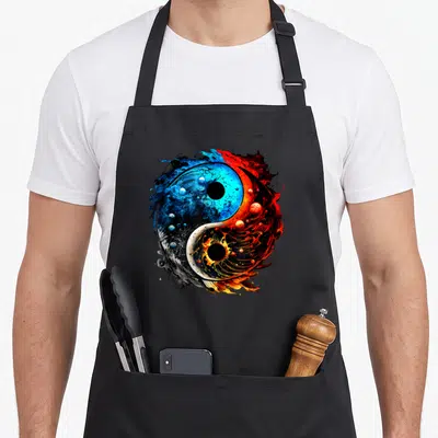 Tablier de cuisine noir avec un Yin Yang coloré représentant l'eau bleue et le feu rouge en harmonie dynamique.
