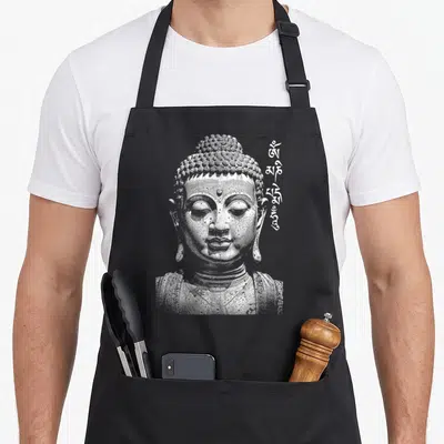 Tablier de cuisine noir avec illustration gravure d'un visage de Bouddha et écritures tibétaines blanches sur le côté.