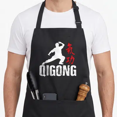 Tablier de cuisine noir avec silhouette blanche pratiquant le Qigong et caractères chinois rouges.