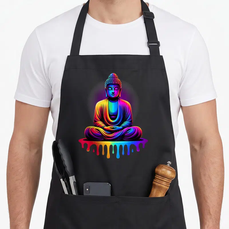 Tablier de cuisine noir avec illustration d'un Bouddha multicolore en méditation sur fond arc-en-ciel qui dégouline.