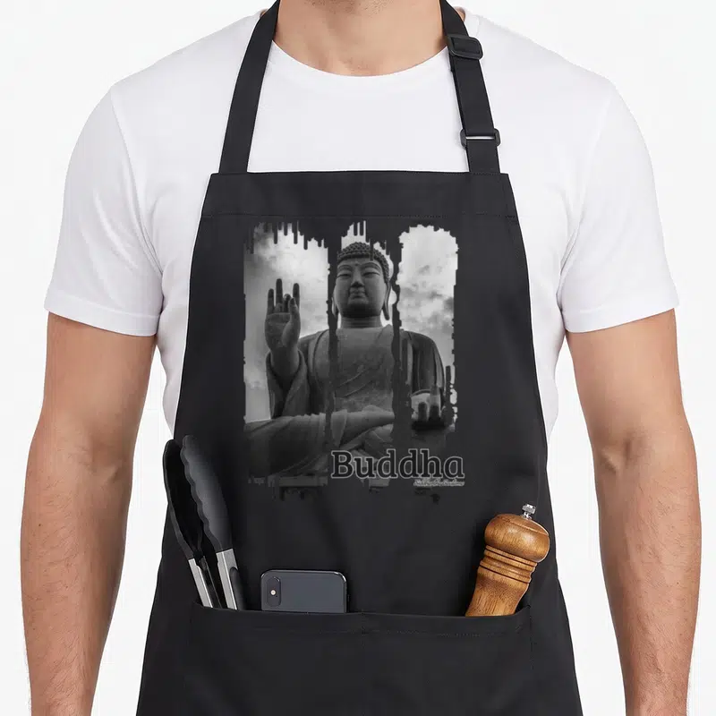Tablier de cuisine noir avec illustration monochrome d'une statue de Bouddha et le mot Buddha imprimé en bas.