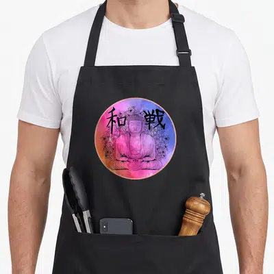 Tablier de cuisine noir avec illustration circulaire d'un Bouddha assis en tailleur sur un fond coloré aux nuances violettes et roses.