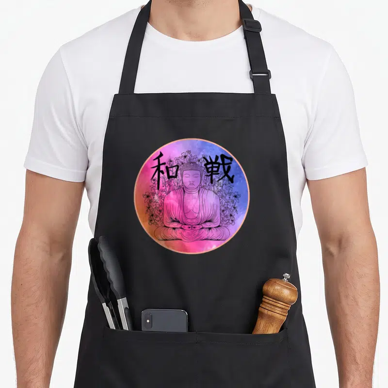 Tablier de cuisine noir avec illustration circulaire d'un Bouddha assis en tailleur sur un fond coloré aux nuances violettes et roses.