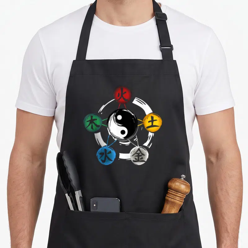 Tablier de cuisine noir avec un cercle Ying Yang entouré de cinq sphères colorées représentant les éléments.