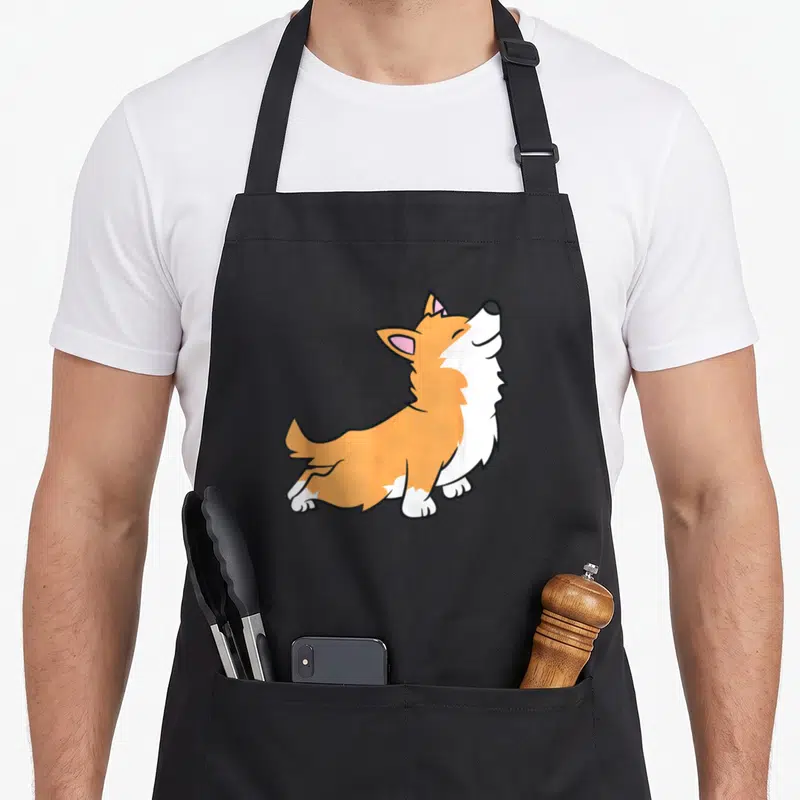 Tablier de cuisine noir avec illustration d'un corgi orange et blanc en position assise, la tête levée vers le haut avec les yeux fermés.