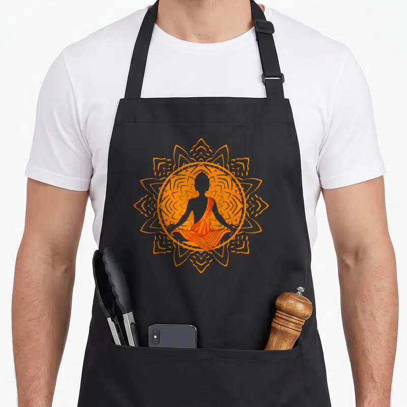 Tablier de cuisine noir avec silhouette de moine tibétain en méditation entourée d'un mandala orange complexe.