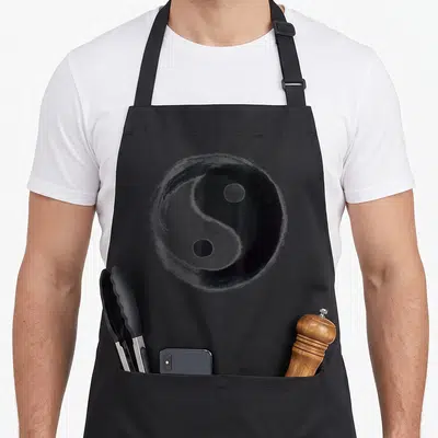 Tablier de cuisine noir avec un grand symbole Ying Yang dessiné à l'enche noire style calligraphie.