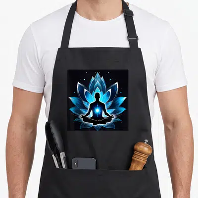 Tablier de cuisine noir avec silhouette méditant devant un lotus bleu lumineux et des étoiles scintillantes sur fond sombre.