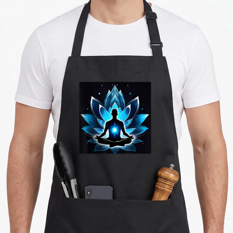 Tablier de cuisine noir avec silhouette méditant devant un lotus bleu lumineux et des étoiles scintillantes sur fond sombre.