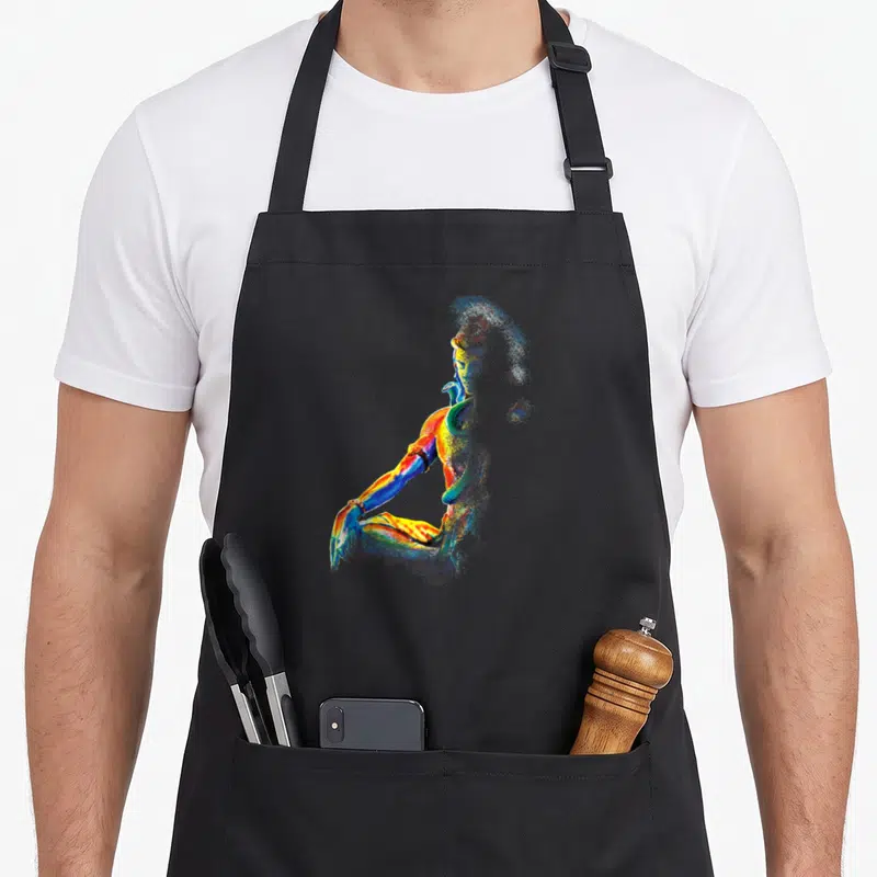 Tablier de cuisine noir avec une illustration multicolore représentant le Seigneur Shiva en position assise de méditation.