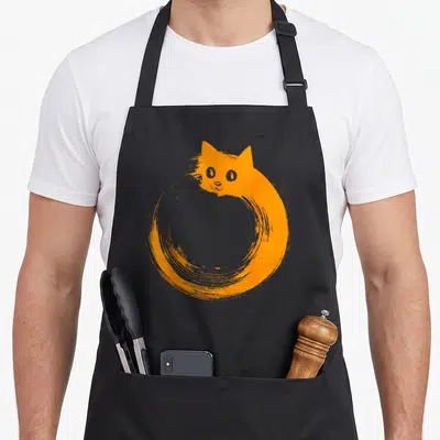 Tablier de cuisine noir avec un cercle zen orange formé par un chat mignon aux yeux gris.