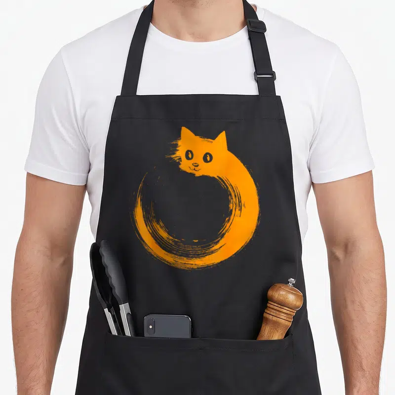 Tablier de cuisine noir avec un cercle zen orange formé par un chat mignon aux yeux gris.