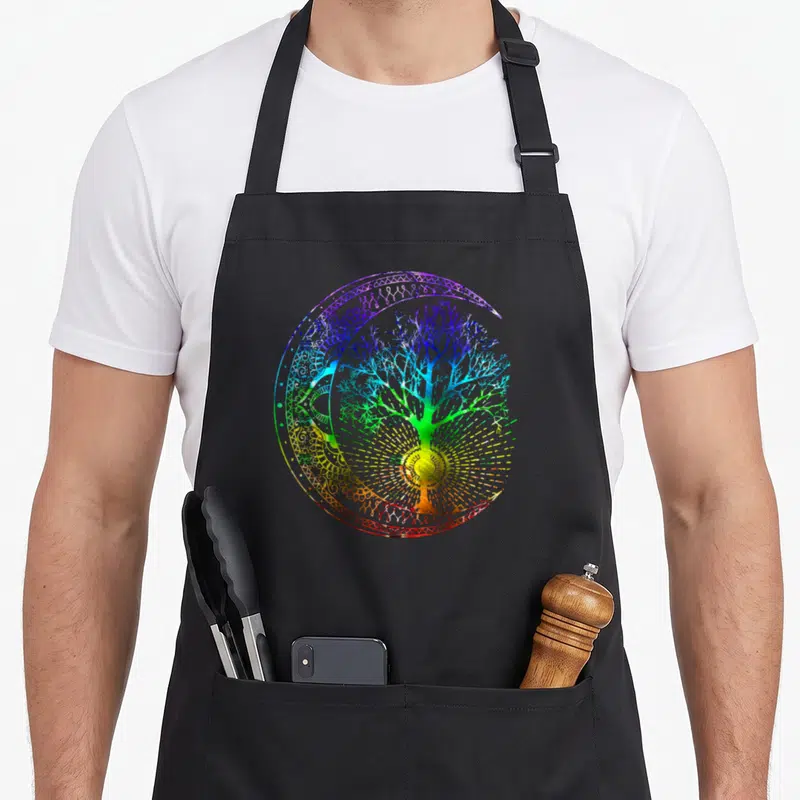 Tablier de cuisine noir avec un Mandala Moon Chakra Arbre de vie multicolore et une lune croissante.