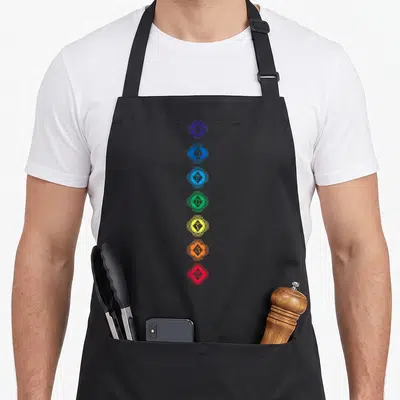 Tablier de cuisine noir avec sept symboles chakras colorés alignés verticalement en forme de diamant.